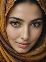 AI generated Beautiful Muslim woman smiling and laughing wearing a hijab and decorated shawl photo