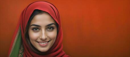 AI generated Beautiful Muslim woman smiling and laughing wearing a hijab and decorated shawl photo