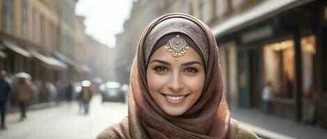 AI generated Beautiful Muslim woman smiling and laughing wearing a hijab and decorated shawl photo