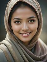 AI generated Beautiful Muslim woman smiling and laughing wearing a hijab and decorated shawl photo