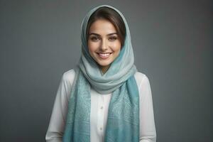 AI generated Beautiful Muslim woman smiling and laughing wearing a hijab and decorated shawl photo