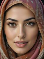 AI generated Beautiful Muslim woman smiling and laughing wearing a hijab and decorated shawl photo