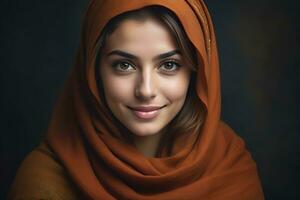 AI generated Beautiful Muslim woman smiling and laughing wearing a hijab and decorated shawl photo