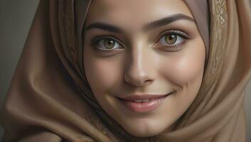 AI generated Beautiful Muslim woman smiling and laughing wearing a hijab and decorated shawl photo