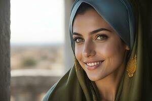 AI generated Beautiful Muslim woman smiling and laughing wearing a hijab and decorated shawl photo