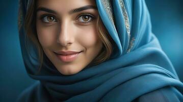 AI generated Beautiful Muslim woman smiling and laughing wearing a hijab and decorated shawl photo