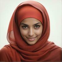 AI generated Beautiful Muslim woman smiling and laughing wearing a hijab and decorated shawl photo