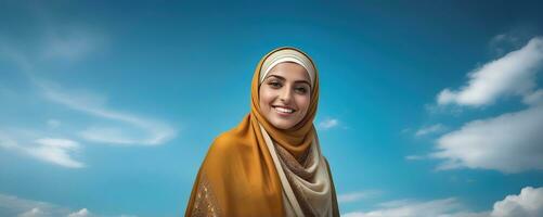 ai generado hermosa musulmán mujer sonriente y riendo vistiendo un hijab y decorado chal foto