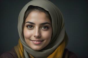 AI generated Beautiful Muslim woman smiling and laughing wearing a hijab and decorated shawl photo