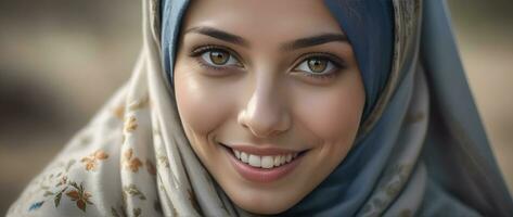 ai generado hermosa musulmán mujer sonriente y riendo vistiendo un hijab y decorado chal foto