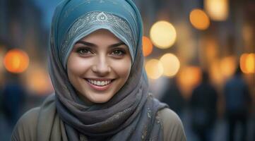 ai generado hermosa musulmán mujer sonriente y riendo vistiendo un hijab y decorado chal foto