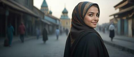 ai generado hermosa musulmán mujer sonriente y riendo vistiendo un hijab y decorado chal foto