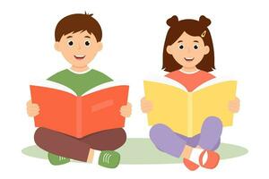 Smiling cute kids holding open book. Happy children  reading a book. Vector illustration isolated