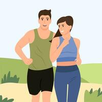 Couple in sportswear jogging. Fitness and healthy lifestyle concept.Happy man and woman running outdoor together. Sport activity, healthy lifestyle. Flat vector cartoon illustration
