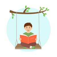 Cute Kid  Reading Book Sitting on Swing. Spare Time, relax, Hobby and Summer Time Leisure. Vector Illustration