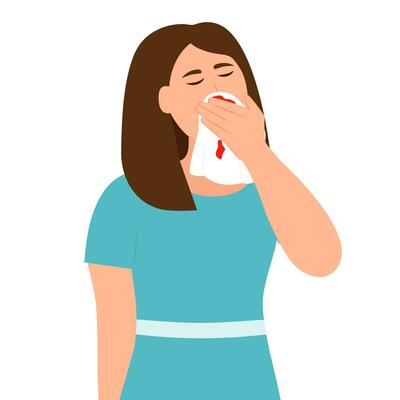 Woman Holding Tissue or Handkerchief and Wiping Blood Off Her Nose. Nose Bleeding Symptom. Vector illustration