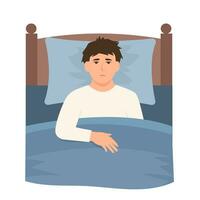 Man suffering from insomnia.Guy in bed with open eyes in darkness. Concept of late at night, sleeping disorder, tired and sleepless, illness, depression effect. Flat vector illustration