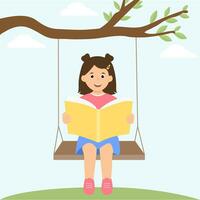 Happy kid reading book  while sitting on swing. Child reader enjoying literature. Spare Time, relax, Hobby and Summer Time Leisure. Vector Illustration