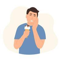 Man with sensitive teeth. Guy having toothache while eating cold ice cream touching his cheek. Dental problem concept vector illustration.