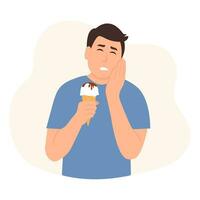 Man with sensitive teeth. Guy having toothache while eating cold ice cream touching his cheek. Dental problem concept vector illustration.