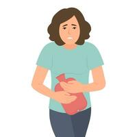 Woman suffering from menstrual pain.Painful periods, colic in the abdomen, inflammation of the appendages, uterus, ovaries.Girl holds rubber warmer with hot water. Vector Illustration