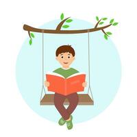 Cute Kid  Reading Book Sitting on Swing. Spare Time, relax, Hobby and Summer Time Leisure. Vector Illustration