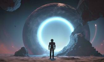 AI generated Astronaut in front of dimensional portal.  AI Generated. photo