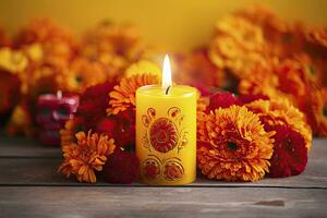 AI generated Candles and marigold flowers. Day of the dead concept dia de los muertos. AI Generated photo