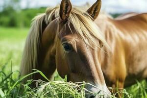 AI generated Brown horse with blond hair eats grass on a green meadow detail from the head. AI Generated photo