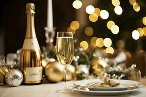 AI generated Christmas table setting with holiday decorations in gold color. AI Generated photo