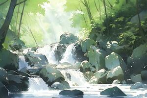 AI generated Watercolor scene of a cascading waterfall surrounded by rainforest. AI Generated. photo