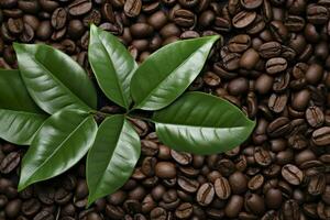 AI generated Green leaves with coffee beans as background. AI Generated photo