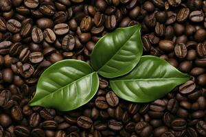 AI generated Green leaves with coffee beans as background. AI Generated photo