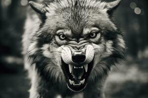 AI generated Greyscale closeup shot of an angry wolf with a blurred background. AI Generated photo