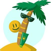Illustration of a palm tree in sunglasses on the island. Smiling smiley. Sunscreen. vector