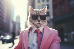 AI generated A cat is wearing sunglasses, suit and standing on street. AI Generated photo