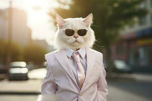 AI generated A cat is wearing sunglasses, suit and standing on street. AI Generated photo