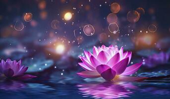 AI generated Lotus Pink light purple floating light sparkle purple background. AI Generated photo