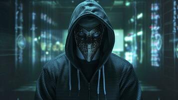 AI generated Binary Intrigue. Anonymous robotic hacker. Concept of hacking. AI Generated photo