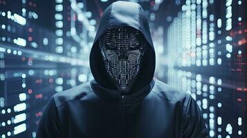 AI generated Binary Intrigue. Anonymous robotic hacker. Concept of hacking. AI Generated photo