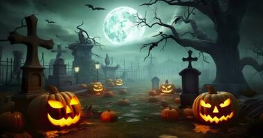 AI generated Pumpkins In Graveyard In The Spooky Night, Halloween Backdrop. Generative AI photo