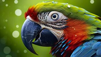 AI generated Tropical macaw perched, vibrant feathers in focus. Generative AI photo