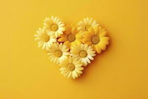 AI generated Yellow Heart Shaped By Yellow Daisies Over Yellow Background. AI Generated photo