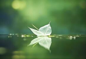 AI generated White transparent leaf on mirror surface with reflection on green background macro. Generative AI photo