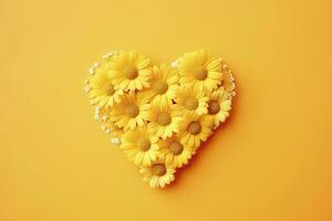 AI generated Yellow Heart Shaped By Yellow Daisies Over Yellow Background. AI Generated photo