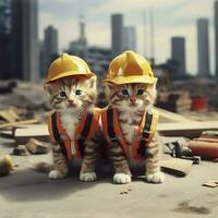 ai generado dos gatitos vistiendo difícil sombreros en un construcción sitio. generativo ai foto