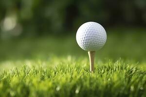 ai generado blanco golf pelota en de madera tee con césped. generativo ai foto