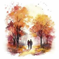 ai generado acuarela otoño paisaje con un Pareja caminando. ai generado foto