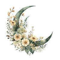 AI generated Watercolor floral Moon with greenery on a white background. AI Generated photo