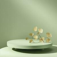 AI generated Empty podium with Ginkgo Biloba leaves and shadows on pastel green background.  AI Generated. photo